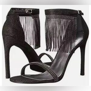 Stuart Weitzman Onfiresong Black Crystal Fringe Sandal Heels